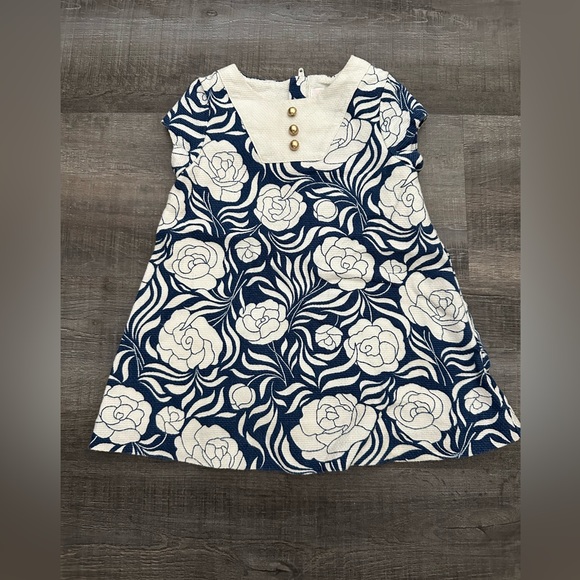 NWOT Janie and Jack Navy and White Floral Dress with Gold Button Accent 6-12 m - Picture 1 of 7